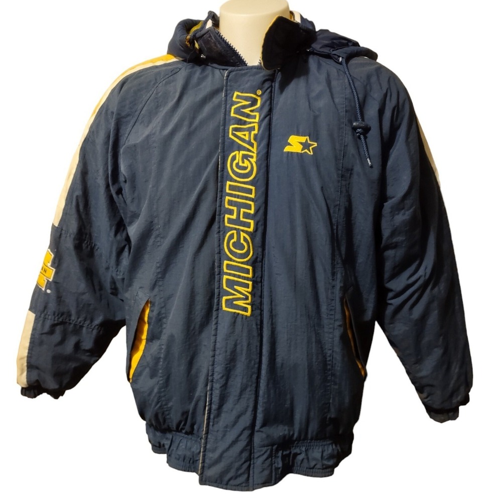 Puffer Jacket Michigan Starter Navy Blue Yellow Medium Men Vintage 90s Gorp Core